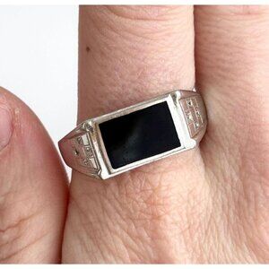 Chunky Shank Black Onyx Minimalist 25 Sterling Silver Vintage Ring - sz 14.25